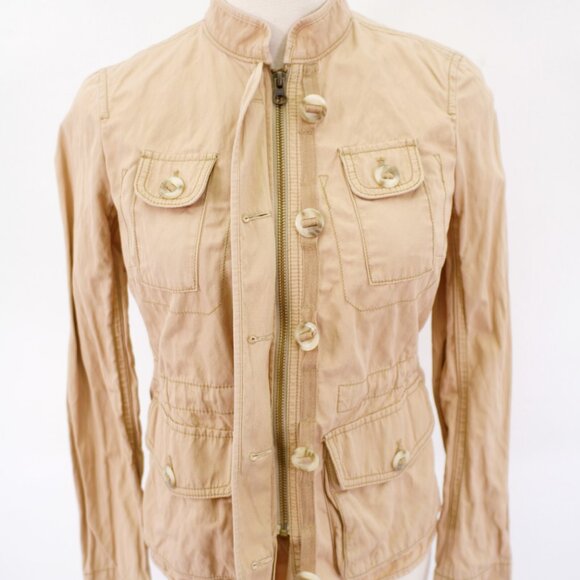 Ann Taylor Loft Canvas Zip + Button Front Pocket Jacket Mock Neck XSP Petite Tan - Picture 6 of 9
